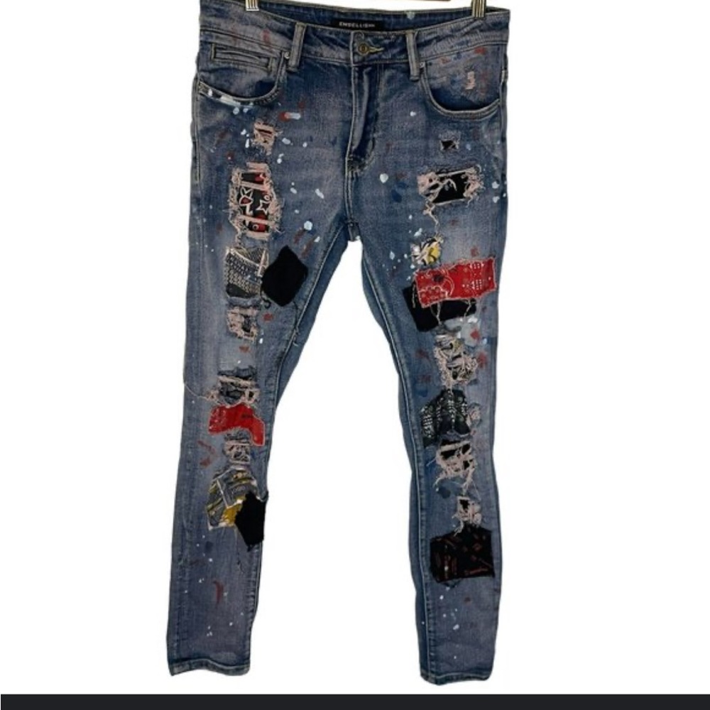Men’s Embellished NYC patchwork jeans/ size 42 waist/ 32 length